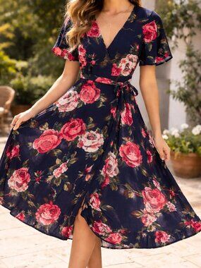 Vintage Forever 21 Navy Blue Floral Wrap Dress - NWOT